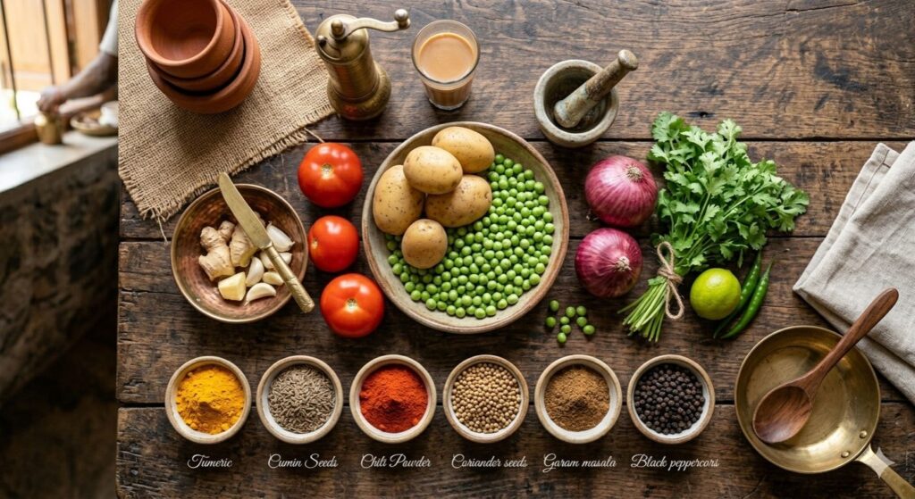 Ingredients for making aloo matar at home