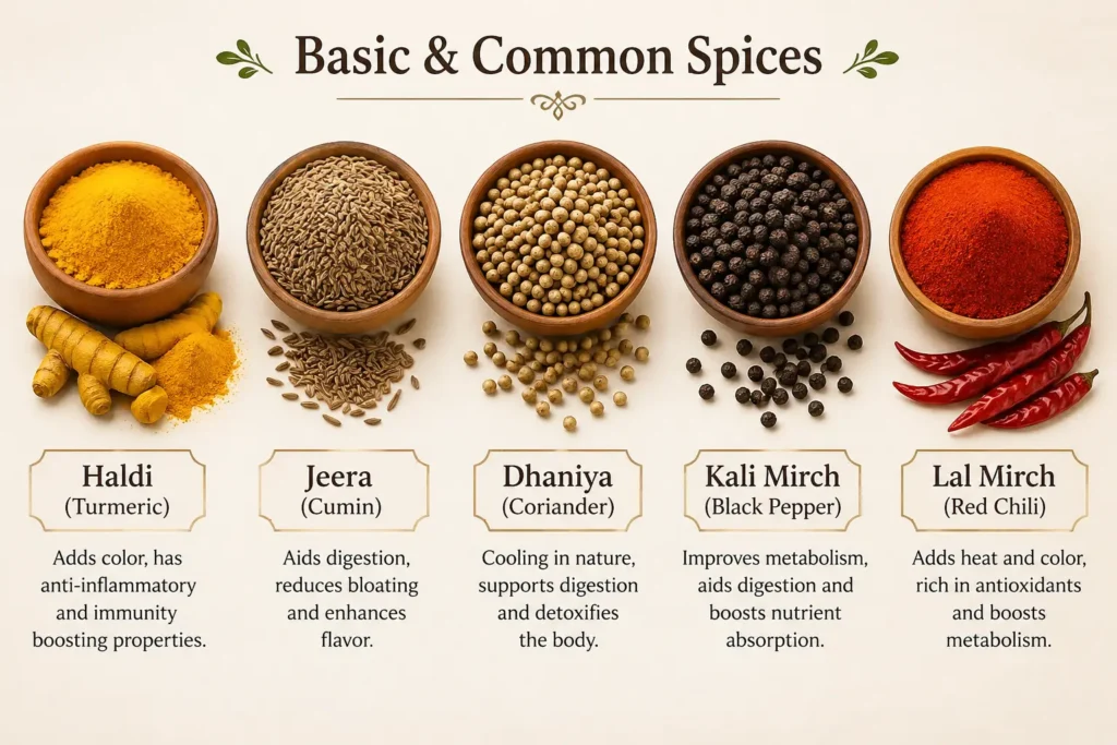 name 30 spices including haldi jeera dhaniya kali mirch lal mirch