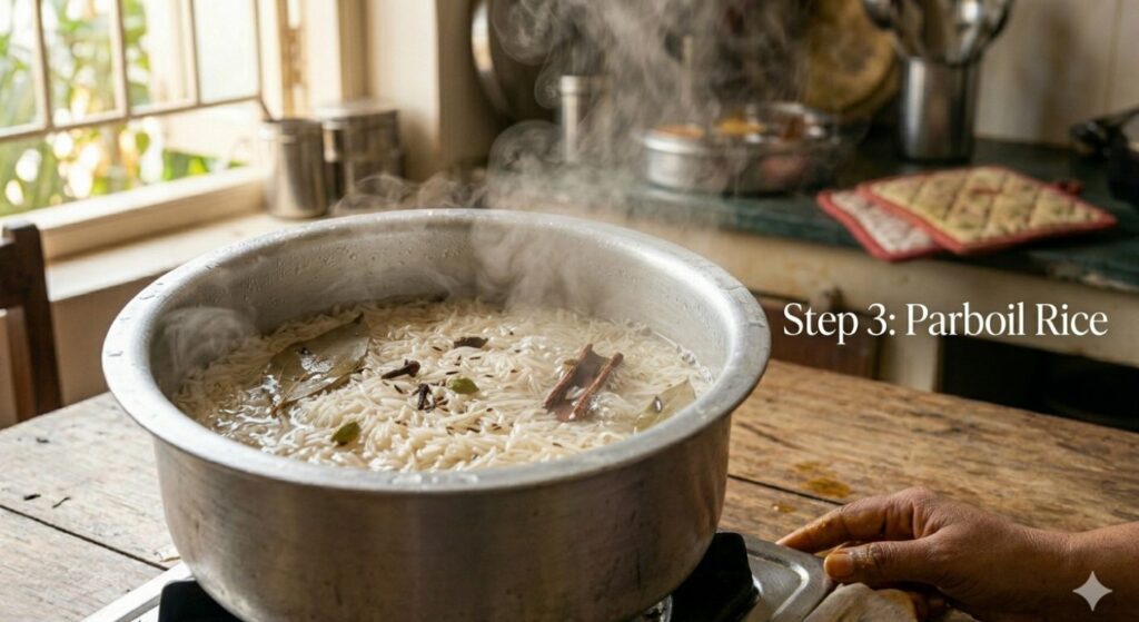 Bade patile mein basmati chawal ko saabut masalon ke saath ubalte hue, halka kacha texture