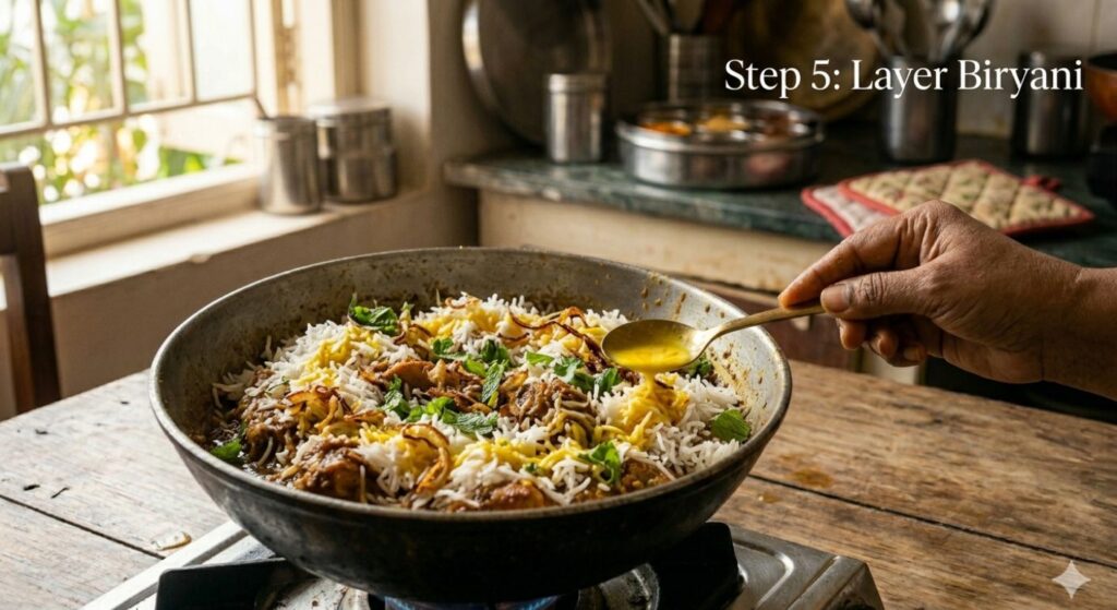 Handi mein chicken aur chawal ki layers lagate hue, kesar dudh aur birista dalte hue