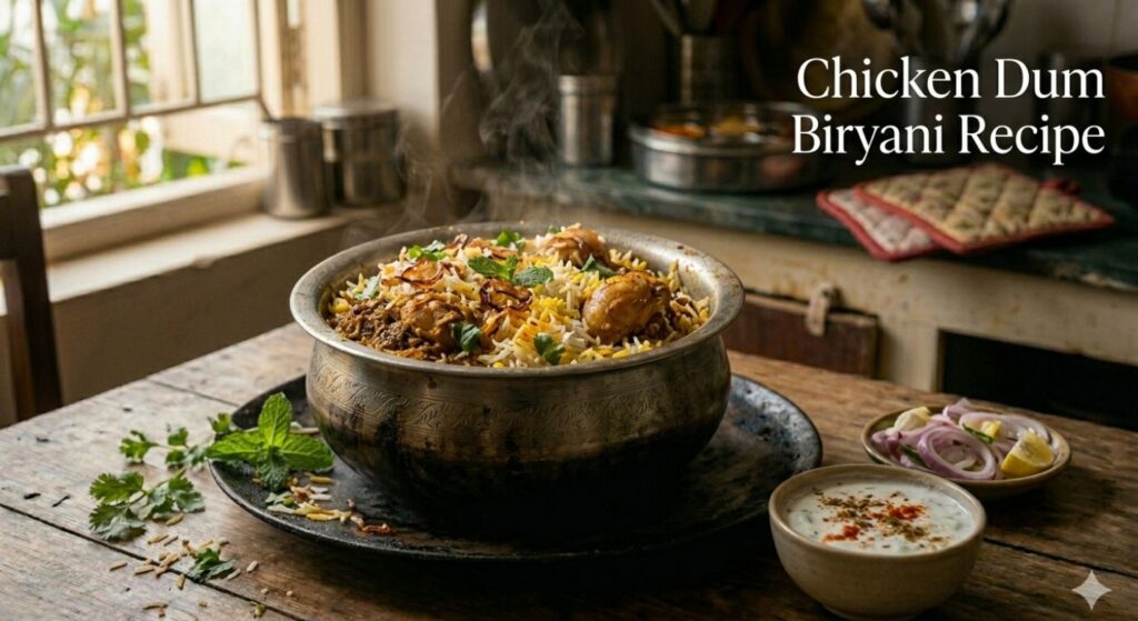 Handi mein serve ki hui aromatic chicken dum biryani, fluffy chawal, juicy chicken aur fried onions ke saath