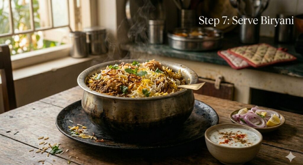 Garma-garam chicken dum biryani handi mein serve karte hue, raita ke saath