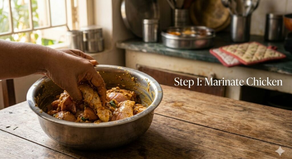 Bowl mein chicken ko dahi, masale, pudina aur nimbu ke saath achhi tarah marinate karte hue
