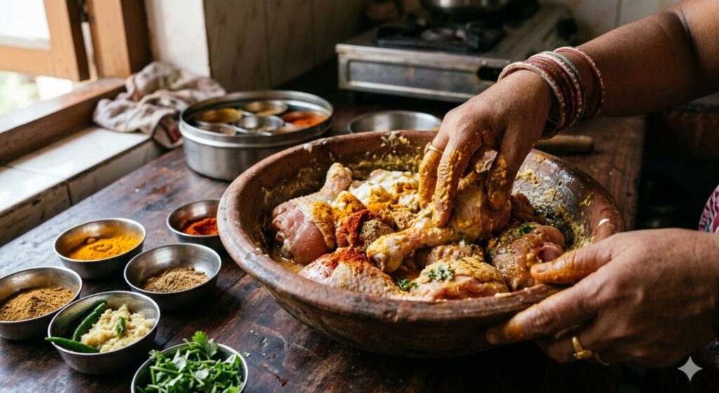 marinating chicken for Chicken Kosha recipe with curd and spices