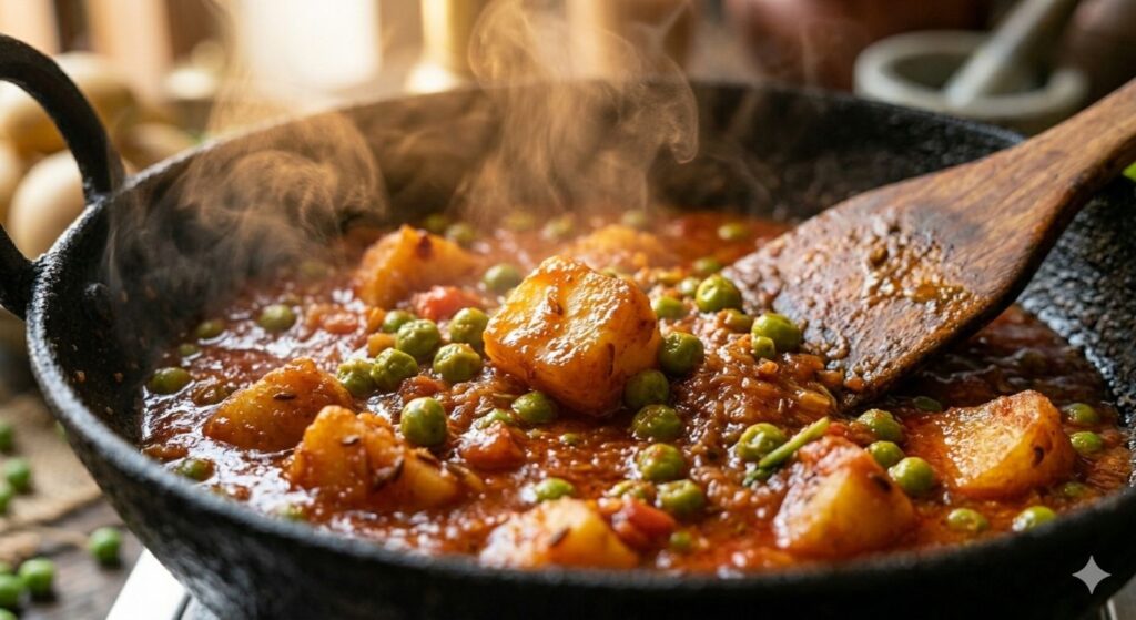 Potatoes and green peas cooking in spicy gravy