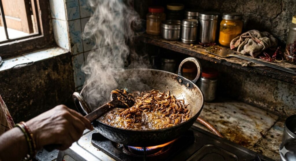 golden brown onions frying in mustard oil for Chicken Kosha gravy