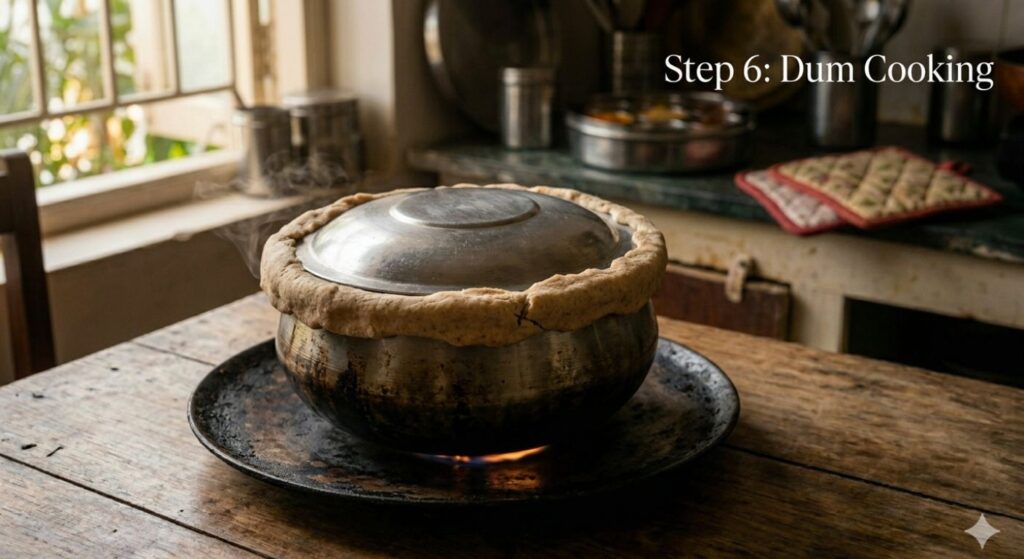 Atta se sealed handi ko tawa par dheemi aanch par dum par pakate hue