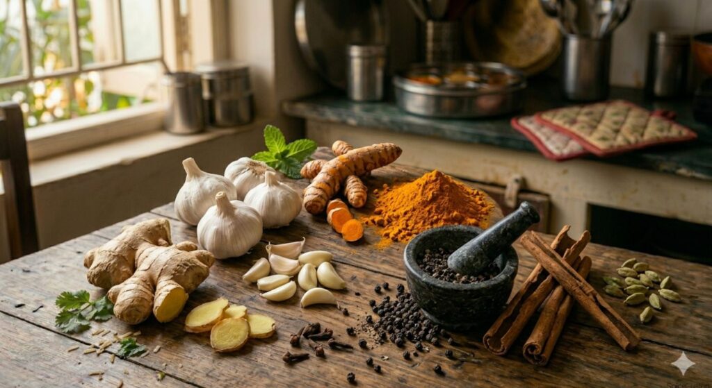 immunity boosting spices haldi adrak lahsun kali mirch dalchini