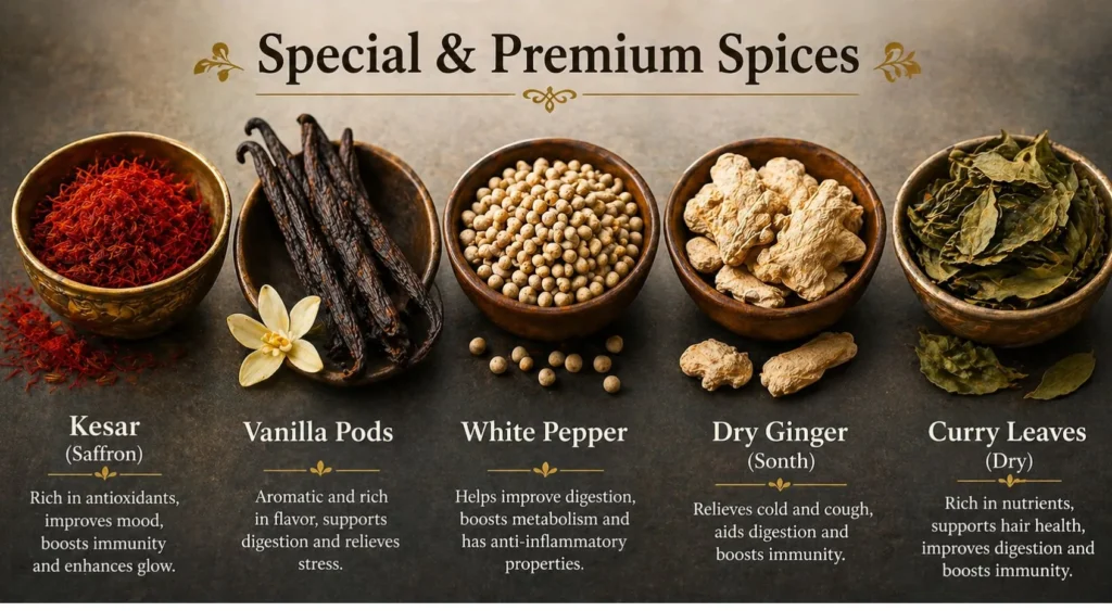 premium spices kesar vanilla pods white pepper dry ginger curry leaves