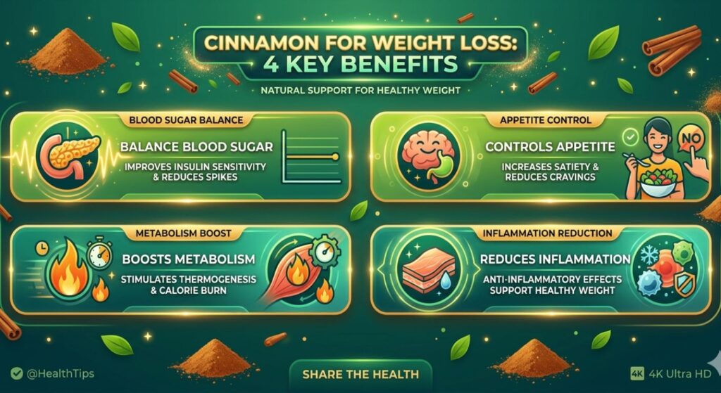 Dalchini ke weight loss benefits infographic — blood sugar control metabolism boost appetite kam karna