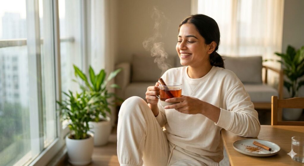 Dalchini weight loss journey — Indian woman organic cinnamon tea peete hue morning light mein