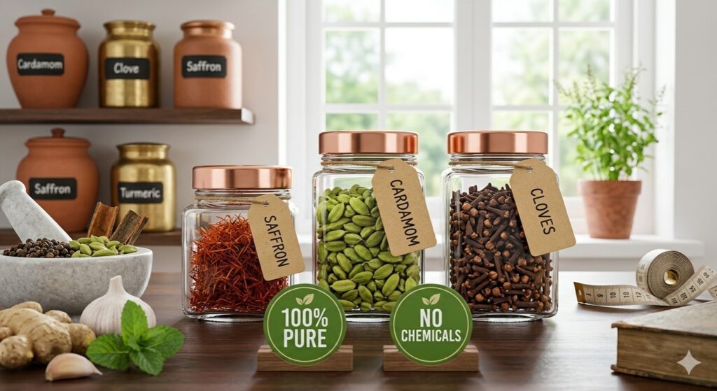 Premium spices online India buy — pure kesar elaichi laung glass jars best price