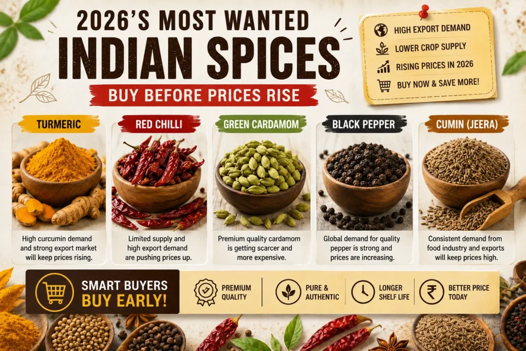Fresh turmeric and red chilli spices showing increasing demand and price rise in India 2026