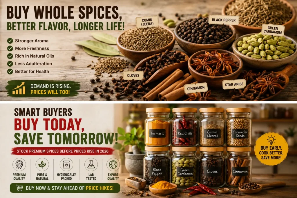 Colorful Indian spice market with premium spices in bowls representing rising spice demand in 2026
