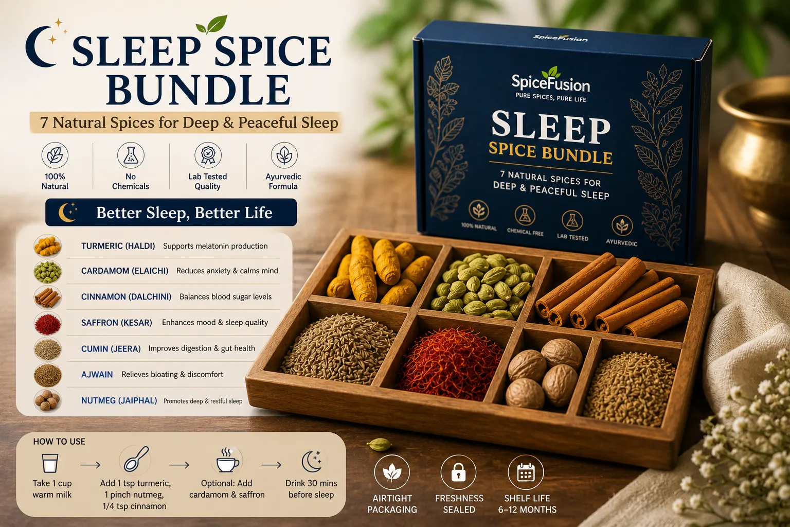 Sleep spice bundle with whole spices including turmeric, cardamom, cinnamon, saffron and nutmeg for natural deep sleep support