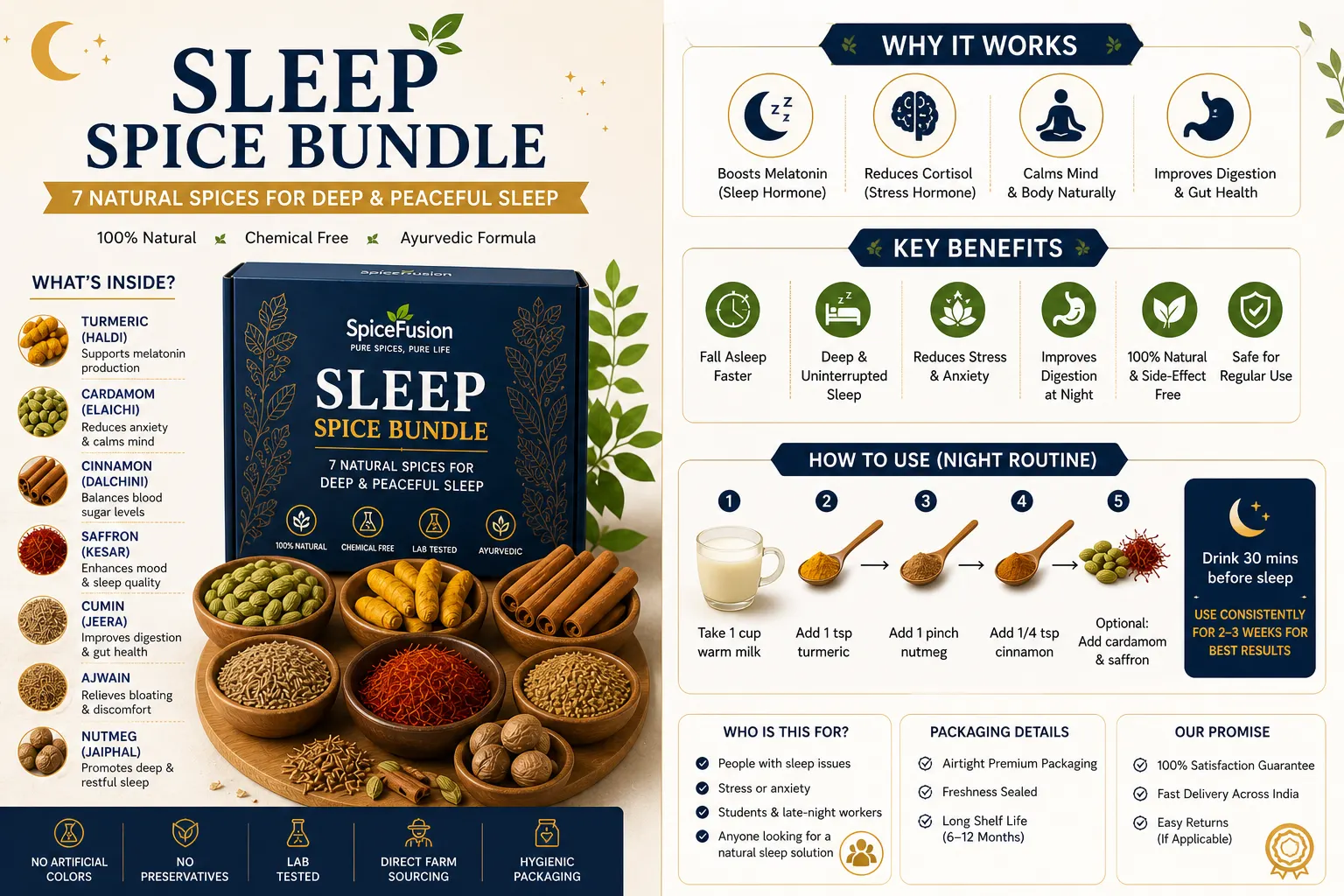 Sleep spice bundle with whole spices including turmeric, cardamom, cinnamon, saffron and nutmeg for natural deep sleep support