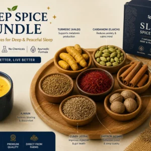 Sleep spice bundle with whole spices including turmeric, cardamom, cinnamon, saffron and nutmeg for natural deep sleep support