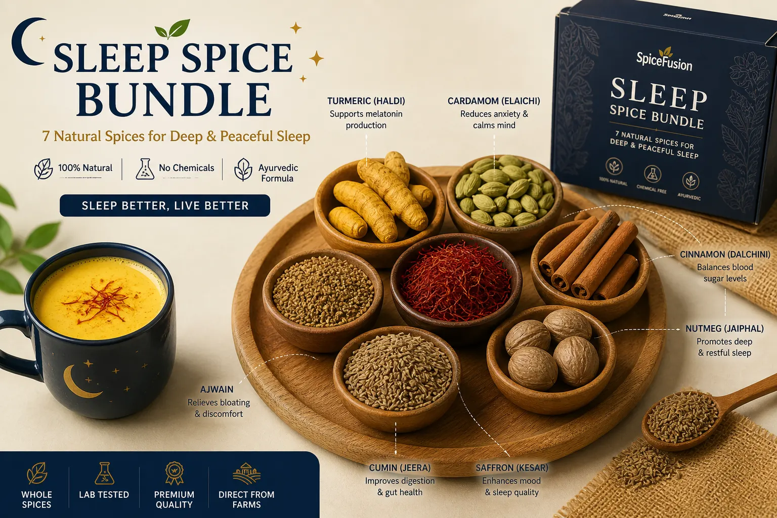 Sleep spice bundle with whole spices including turmeric, cardamom, cinnamon, saffron and nutmeg for natural deep sleep support